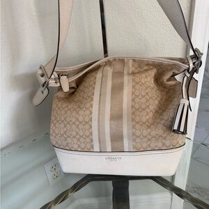 COACH LEGACY Khaki and Ivory Signature Glitter Stripe Crossbody Hobo Bag